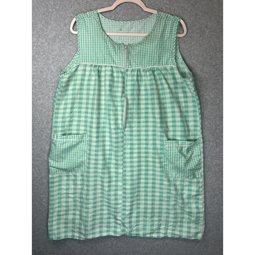 Green Gingham Zip Front House Dress Duster Housecoat Ric Rac Cottagecore (39,2)
